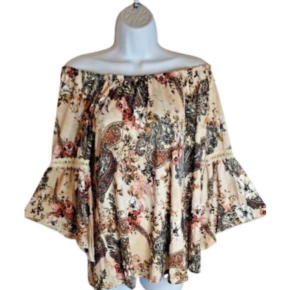 Naif Womens Large Beige Floral Blouse Top Boho Wide Arm Paisley Floral Print - Picture 3 of 13